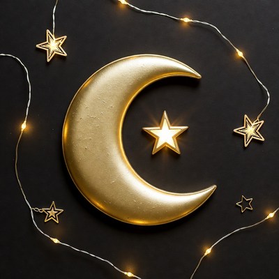 Golden Crescent Moon with Stars