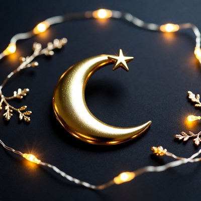 Golden Crescent Moon with Fairy Lights