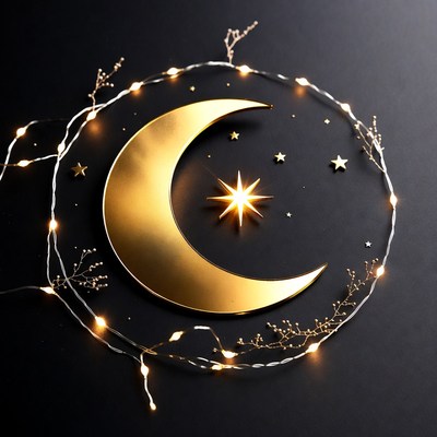 Golden Crescent Moon with Stars