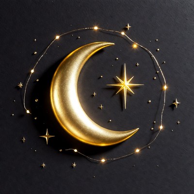 Golden Crescent Moon with Stars and Lights