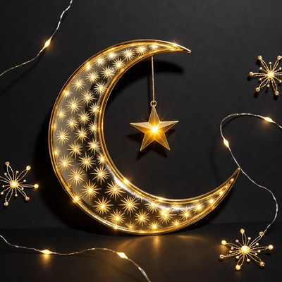 Glowing Golden Crescent Moon with Stars