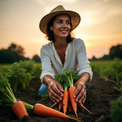 Woman harvesting carrots in field