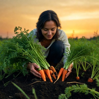 Woman harvesting fresh carrots in field