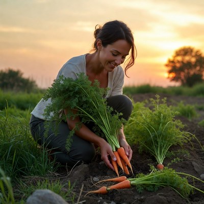 Woman harvesting carrots in field