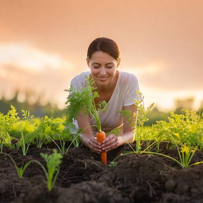 Woman planting carrot in garden