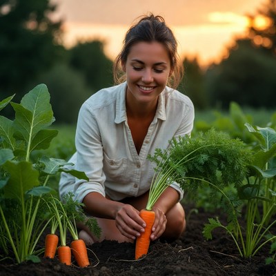 Woman harvesting carrots in field