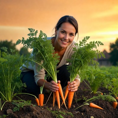 Woman holding fresh carrots in field