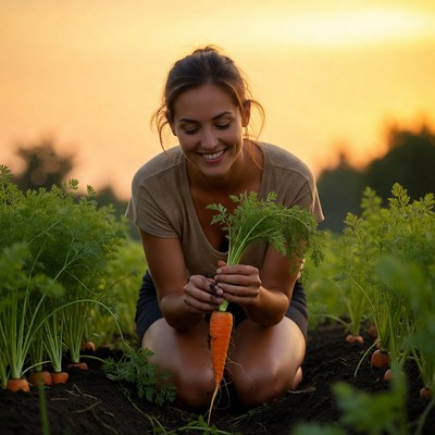 Woman holding fresh carrot in field