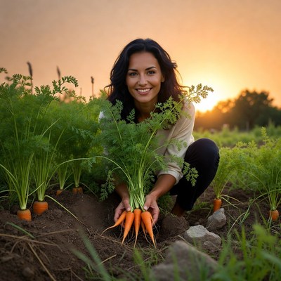 Woman harvesting carrots in field