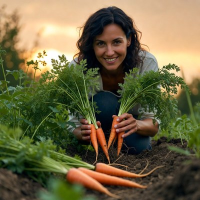 Woman holding fresh carrots in garden