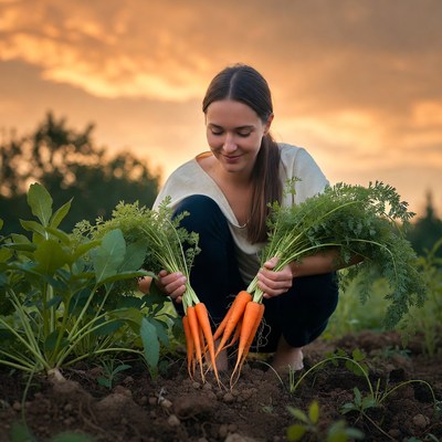 Woman harvesting carrots in garden