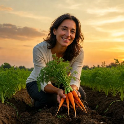 Woman holding fresh carrots in field