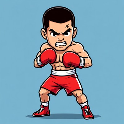 Cartoon Asian boxer in fighting stance