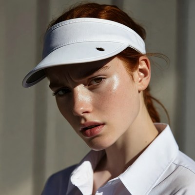 Redhead woman wearing white visor
