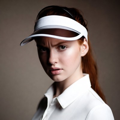 Redhead woman in white visor hat
