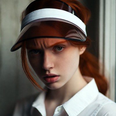 Redhead woman in visor cap