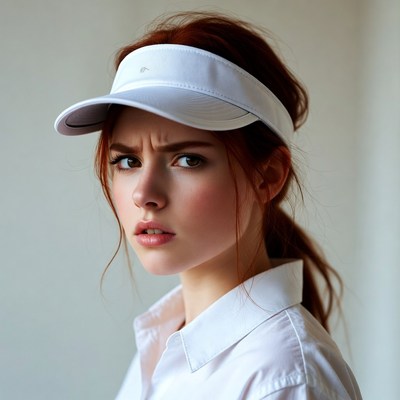 Redhead woman in white visor cap