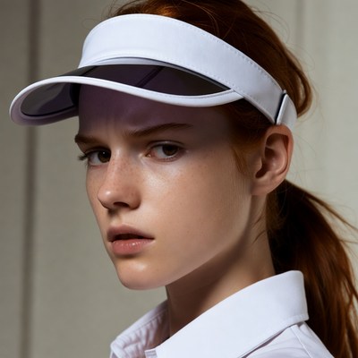 Redhead woman in white visor