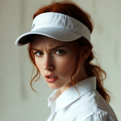 Redhead woman in white visor cap