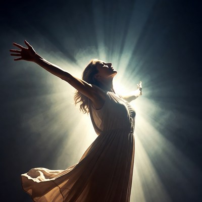 Woman with arms raised in dramatic light