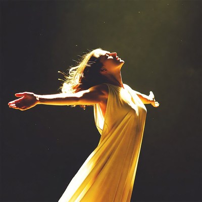 Woman in yellow dress arms outstretched
