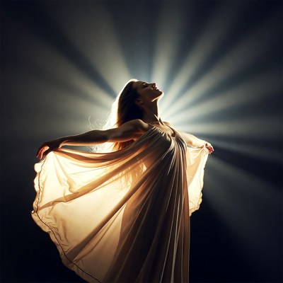Woman in flowing dress with dramatic backlight