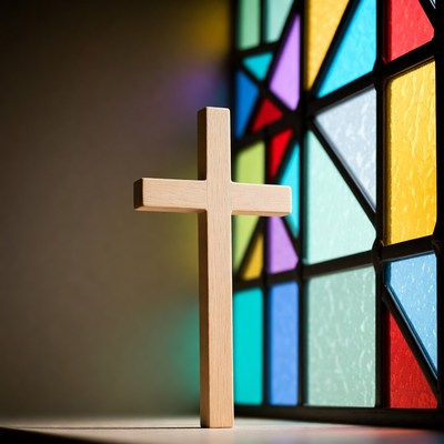 Wooden Cross with Stained Glass Window