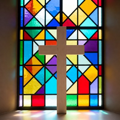 Wooden Cross in Front of Stained Glass Window