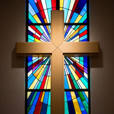 Stained Glass Window with Wooden Cross