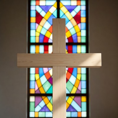Wooden Cross Before Stained Glass Window