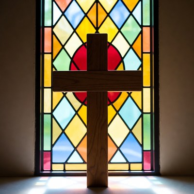 Wooden Cross in Stained Glass Window