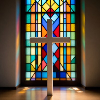 White Cross Before Stained Glass Window