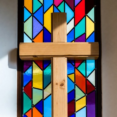 Wooden Cross Before Stained Glass Window