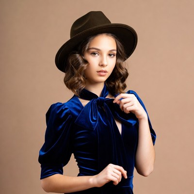 Girl in blue velvet dress and brown hat