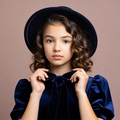 Girl in navy velvet dress and hat