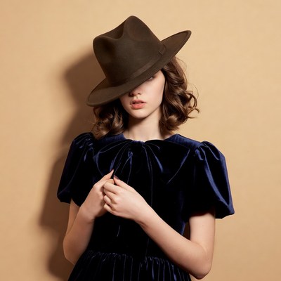 Woman in Fedora Hat and Velvet Dress