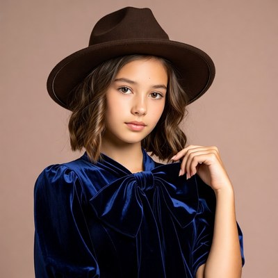 Girl wearing brown fedora and velvet dress