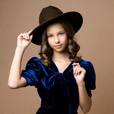 Girl wearing wide-brim hat and blue dress