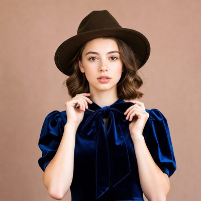 Girl in velvet dress and fedora hat
