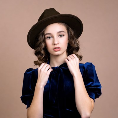 Girl in brown hat and blue velvet dress