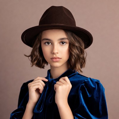 Girl in brown fedora and blue velvet dress
