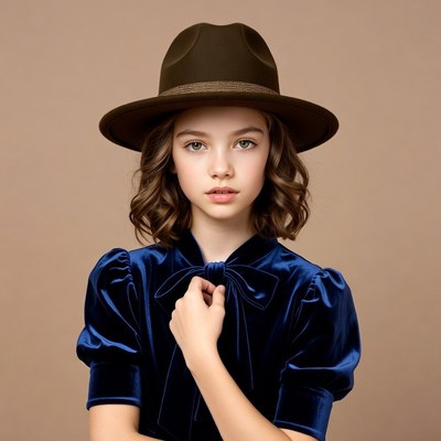 Girl in fedora hat and blue velvet dress