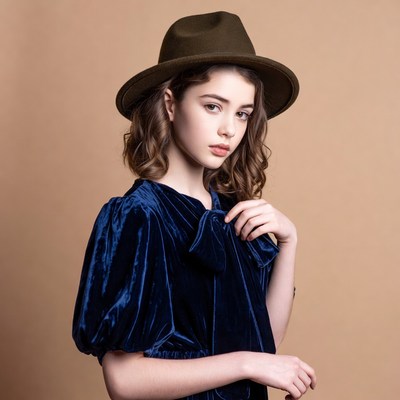 Girl wearing fedora and velvet dress