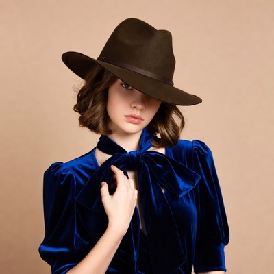 Woman in brown fedora and blue velvet dress