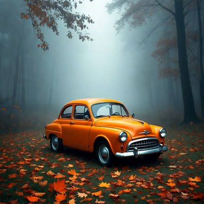 Orange vintage car in foggy autumn forest