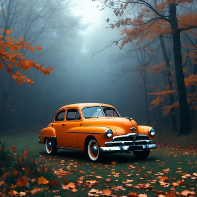 Vintage Orange Car in Autumn Foggy Forest