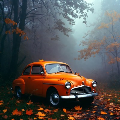 Vintage Orange Car in Autumn Foggy Forest