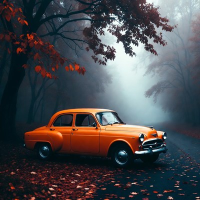 Vintage Orange Car in Autumn Foggy Forest