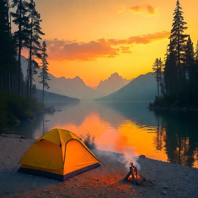 Orange tent by campfire at sunset lake