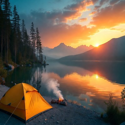 Yellow tent by campfire at sunset lake